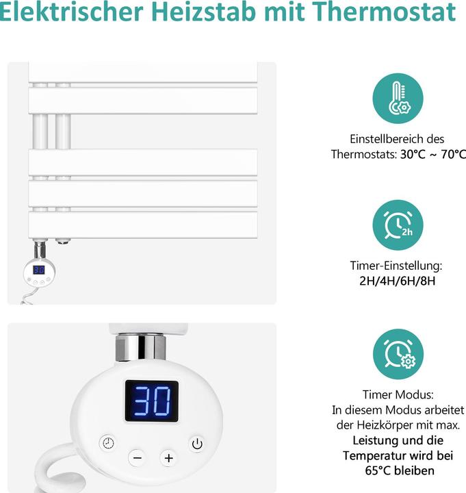 Produktbild Emke Elektrischer Handtuchwärmer mit Heizstab und Timer, Weiss 762x400mm 400W (400 W)