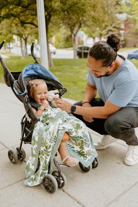 Actual product image little unicorn Cotton Muslin Baby Blanket - Tropical Leaf (120 x 120 cm)