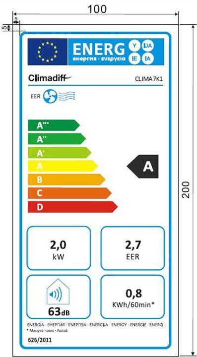 Etichetta energetica Climadiff Clima7K1 (20 m², 7000 BTU/h)