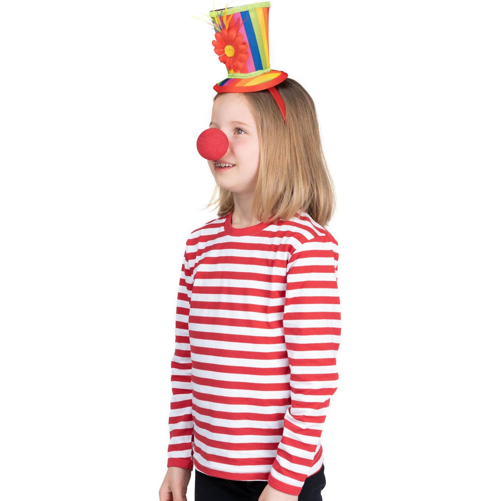 Thumbnail - Metamorph Clownskostüm für Kinder mit rotem Ringelshirt, Clownsnase und Hut (128)
