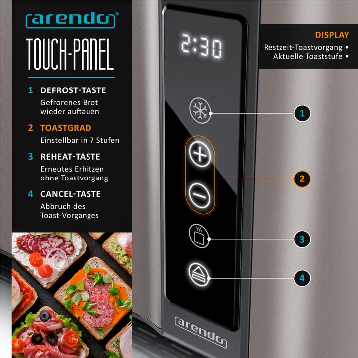 Image du produit Arendo Toaster Wärmeisoliertes Doppelwandgehäuse, 2 lange Schlitze, Touch-Display, für 4 Scheiben, 1500 W