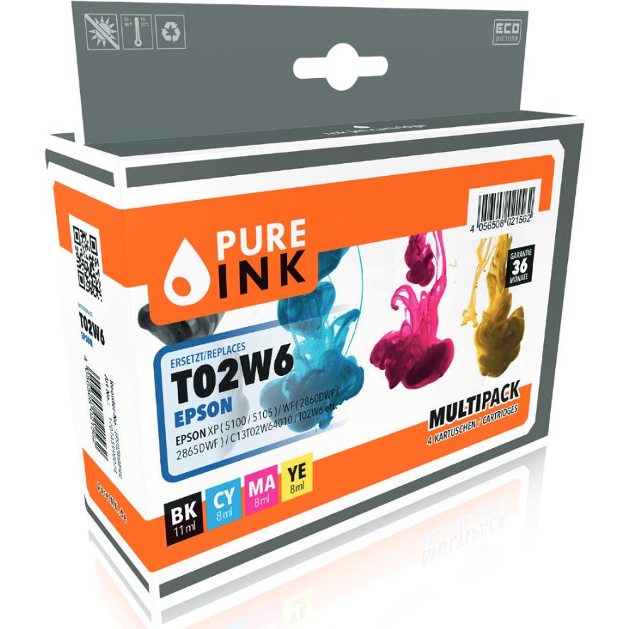 Pure Ink, Druckerpatrone, EPST02W6MP4XL PI EPSON T02W6 XP Tinte (4) cmyk HC rebuilt 550/3x470Seiten Chip