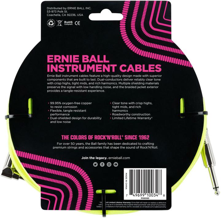 Produktbild Ernie Ball Instrumentenkabel 6080 – 3.05 m, Neongelb, Länge: 3.05 (3.05 m, 6.3mm Klinke (Jack))
