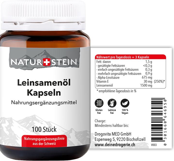Valeurs nutritives et ingrédients Naturstein Capsule d'huile de graines de lin (100 pièce(s), Capsules, 174 g)