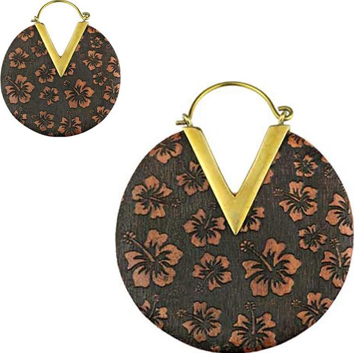 Produktbild Star Piercing Ohrring vergoldet Teller Hibiskusblüten Graviert aus Sawo Holz (ohne Messing, Organisch)