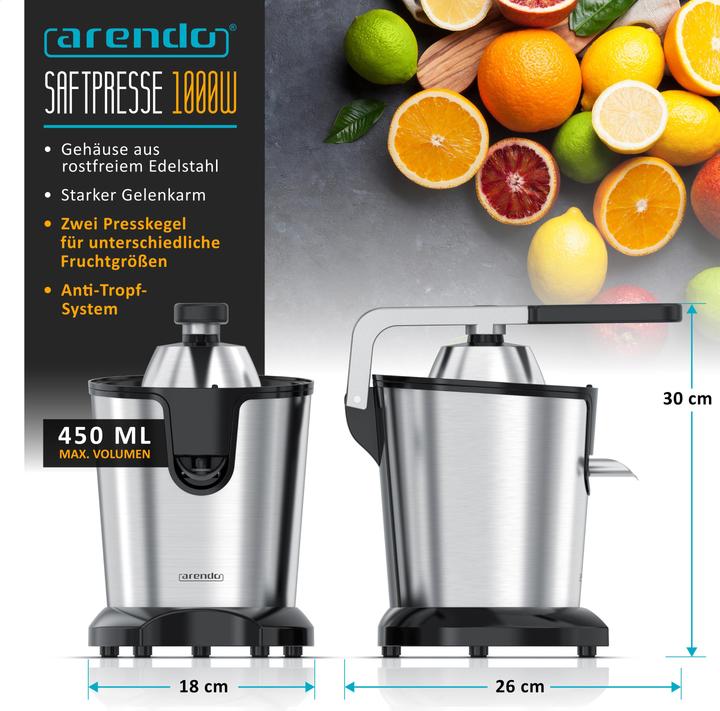 Produktbild Arendo Entsafter Saftpresse elektrisch, Edelstahlkegel, 1000 W, 0,45 L Behälter, 2 Presskegel, BPA frei