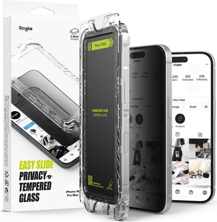 Ringke Screen Protector for iPhone 16 Pro Max EASY SLIDE PRIVACY TEMPERED GLASS 2 pack, w installation Jig (2 Stück, Apple iPhone 16 Pro Max)