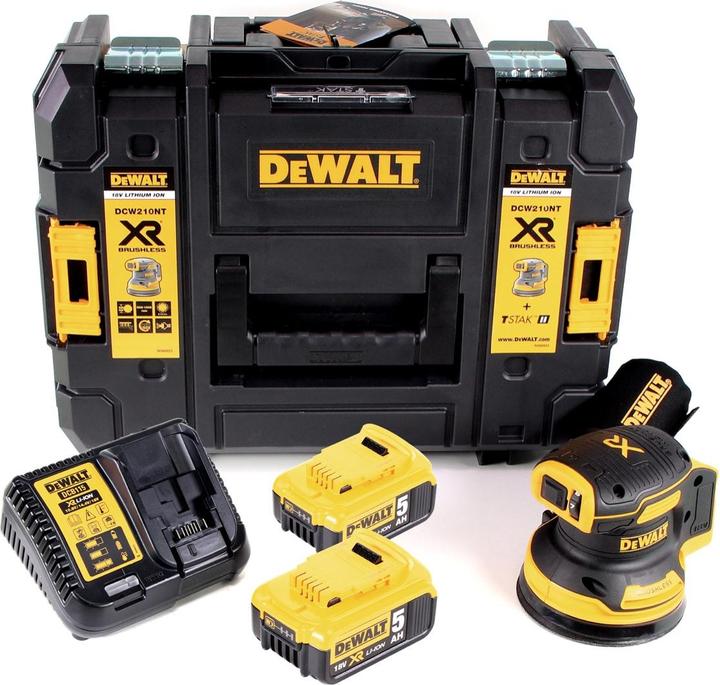 1x levigatrice rotorbitale a batteria DeWalt DCW 210 NT, 1x sacchetto per la polvere, 1x T-STAK Box II, 2x batteria DeWalt DCB 184 Li-Ion 18 V 5.0 Ah, 1x caricabatterie DeWalt DCB