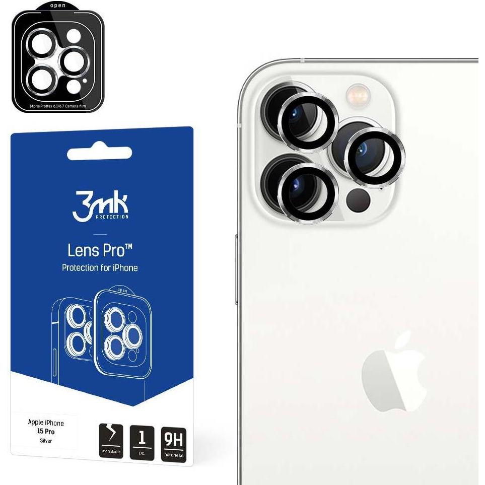 3MK Lens Protection Pro iPhone 15 Pro 6.1" srebrny/silver Ochrona na obiektyw aparatu z ramką montaż (1 Stück, Apple iPh...