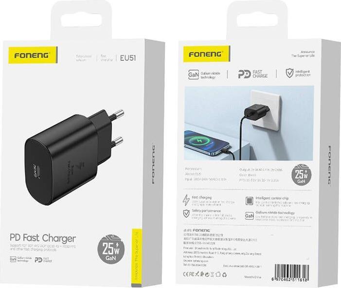Actual product image Foneng EU51 USB-C 25W mains charger (black) (25 W, 1 portion)