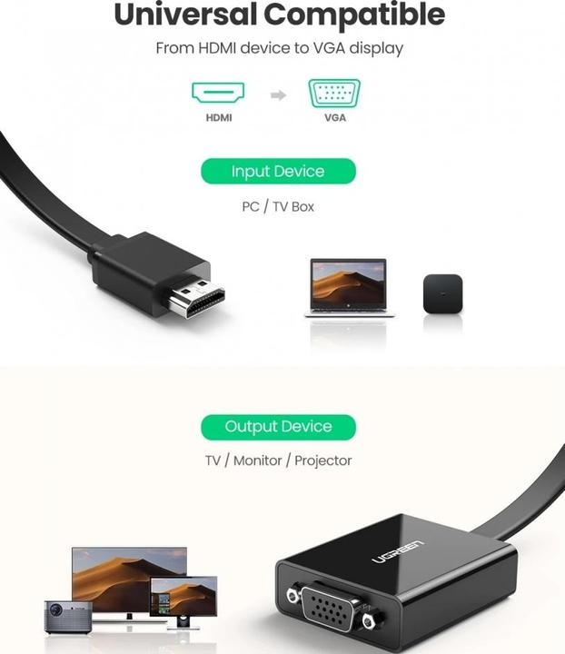 Image du produit Ugreen Adaptateur HDMI vers VGA Convertisseur avec support audio 1080P (HDMI, 16 cm)