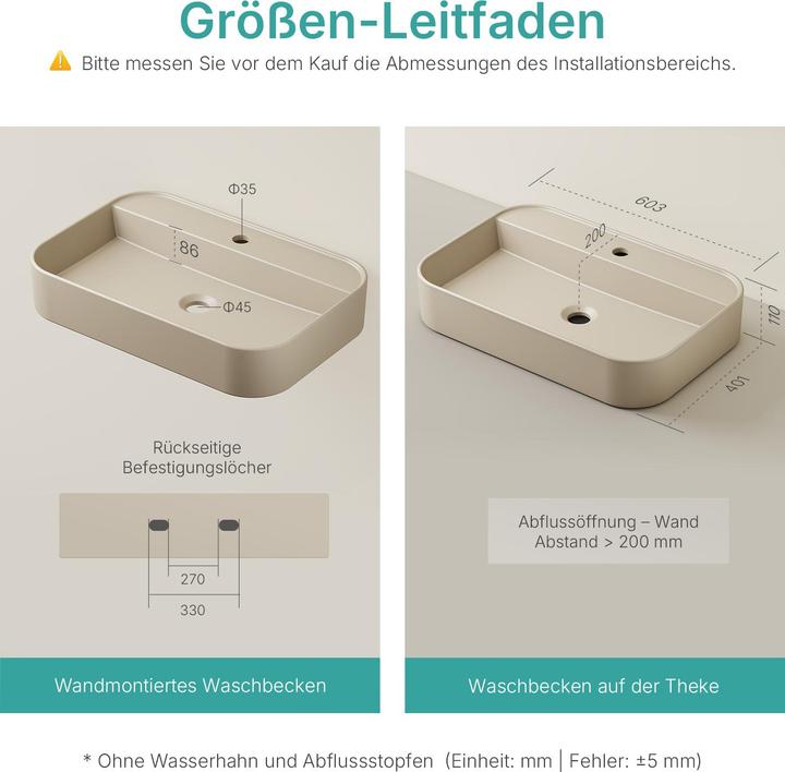 Actual product image Emke Countertop Washbasin, Ceramic, Wall-mounted/Countertop, Glossy White, with Tap Hole, 600x400x110mm (400 mm, 600 mm)