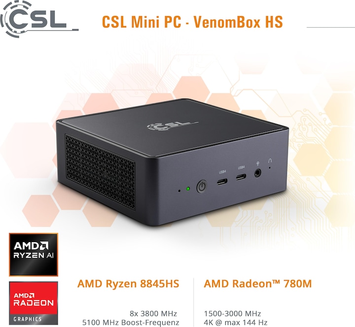 Actual product image CSL Mini-PC VenomBox 8845HS / 96GB / 1000 GB M.2 SSD / Win 11 Pro (AMD Ryzen 7 8845HS, 96 GB, 1000 GB, Radeon 780M)