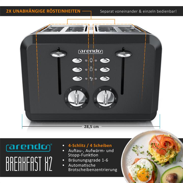 Produktbild Arendo Edelstahl Toaster 4 Scheiben, Automatik, Edelstahl, Wärmeisolierendes Doppelwandgehäuse, schwarz