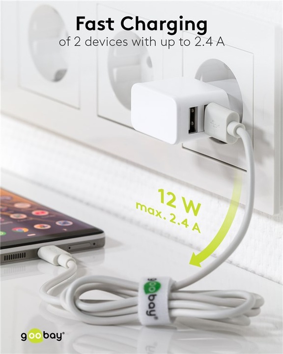 Immagine prodotto Goobay Caricabatterie doppio USB 2,4 A - Alimentatore USB con 2 uscite USB - bianco (12 W)