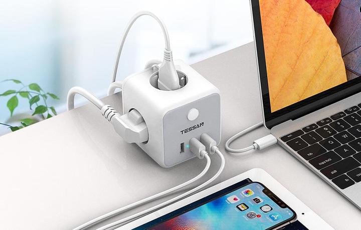 Actual product image Tessan Power strip TS-301-C-GR (6x, USB-A, 2 m)