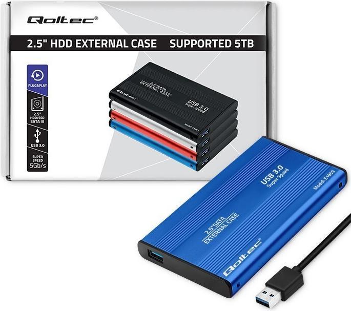 Qoltec External Hard Drive Case HDD/SSD SATA3 USB Mėlyna