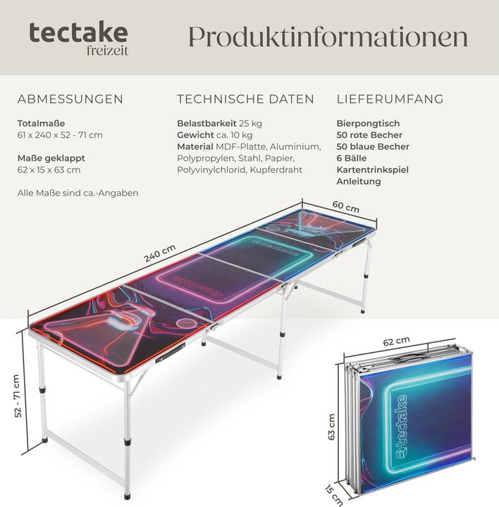 Image du produit tectake Table de beer pong BEER WARS I avec éclairage LED et jeu de cartes