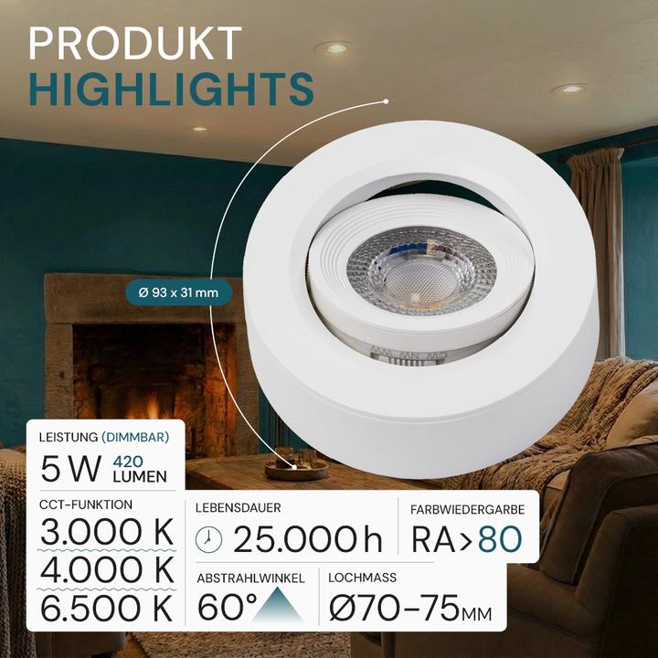 Produktbild Luxula LED CCT Downlight, Ein- und Aufbaustrahler, schwenkbar, weiss, dimmbar, 5 W, 420 lm (420 lm)