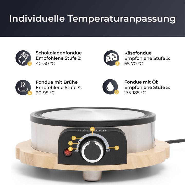 Produktbild KLAMER Elektrisches Fondue Set (Fondue Bourguignonne, Schokoladenfondue, Fondue Chinoise, Käsefondue)