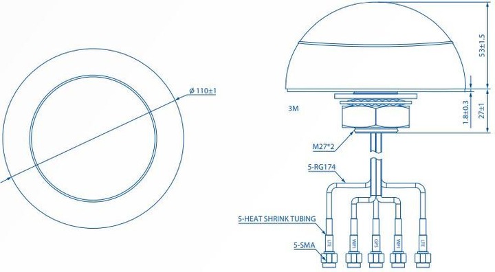 Immagine prodotto Teltonika ANTENNA MIMO MOBILE/GNSS/WIFI DUAL BAND SUL TETTO 003R-00253 PR1KCO28 (GPS, 4G, WiFi)
