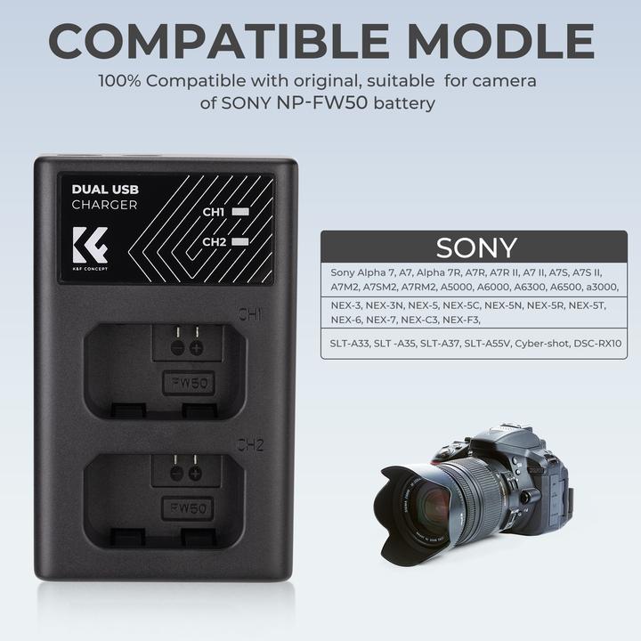Produktbild K&F Concept FW50 Digital Camera LED Dual Channel Charger with Type C Charging Cable (Kamera Akku Ladegerät)
