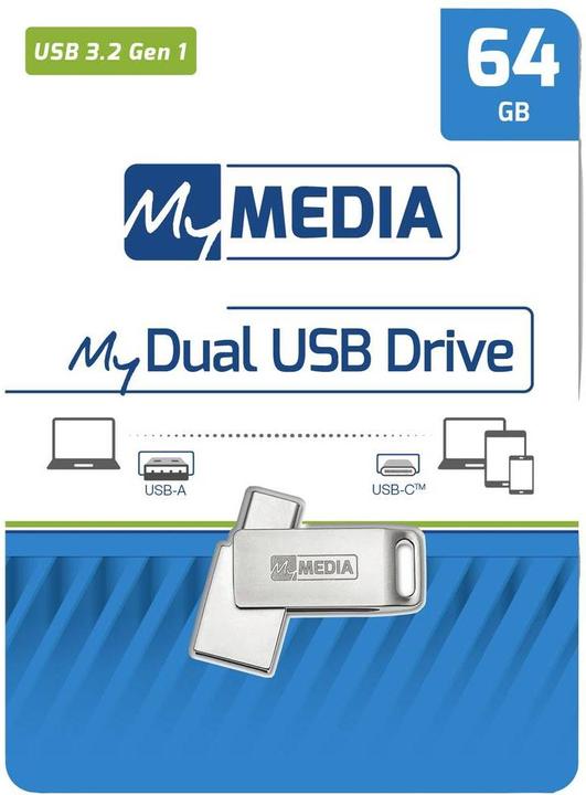 Produktbild MyMedia USB 3.2 OTG Stick 64GB, Typ A-C, My Dual, silber (64 GB, USB-A, USB-C)