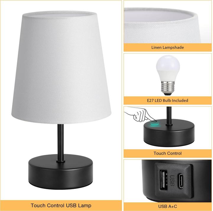 Actual product image Alopini Bedside Lamp Touch Dimmable, USB A+C Charging Function, Table Lamp with Lampshade (E27)