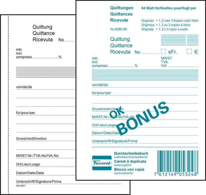 Produktbild Favorit Durchschreibebuch OK Bonus Quittungen (84 x)