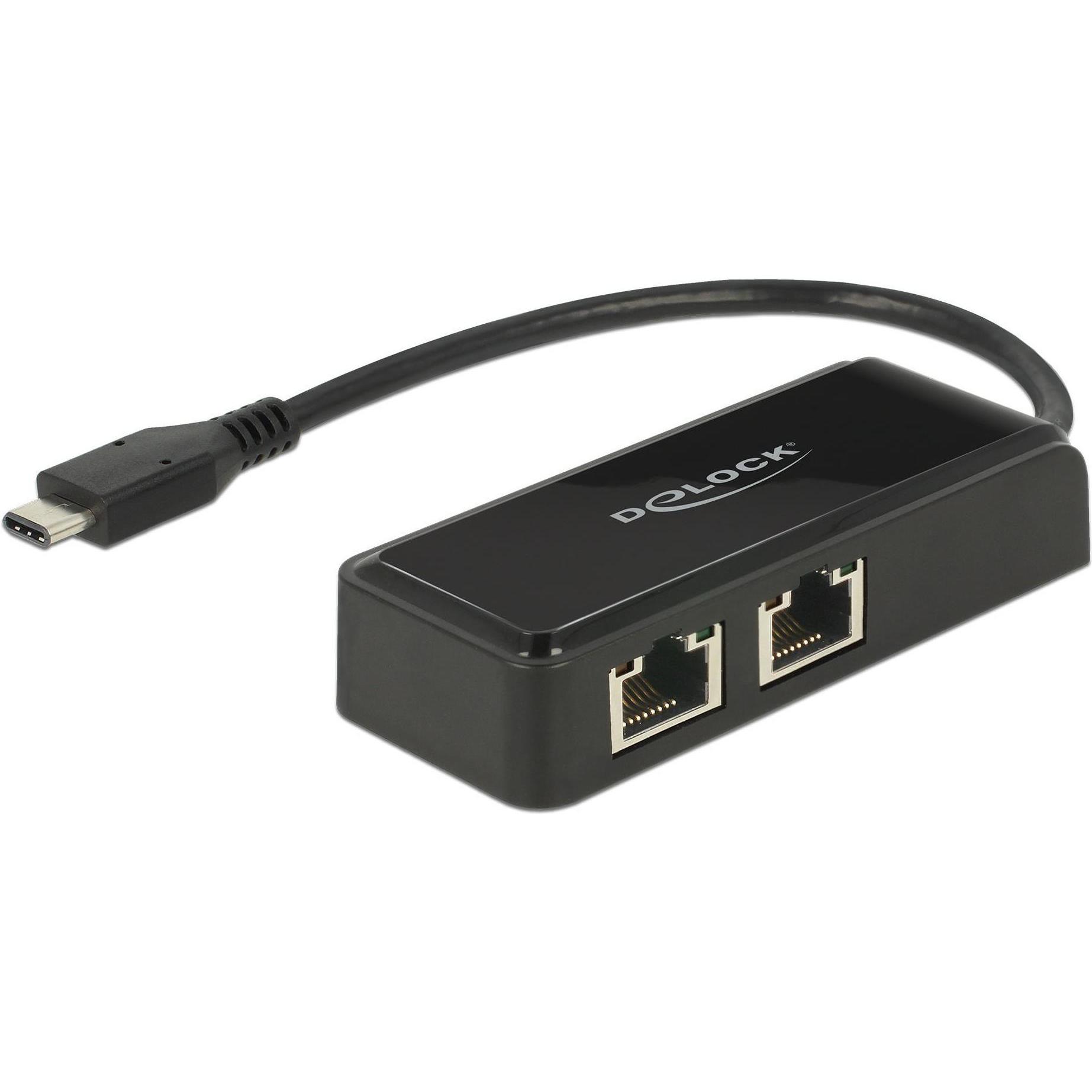 Delock USB3.1 Netzwerkkarte Typ-C - 2x RJ45, 27cm (USB 3.1 Gen 1, RJ45 Gigabit Ethernet (2x)), Netzwerkadapter, Schwarz