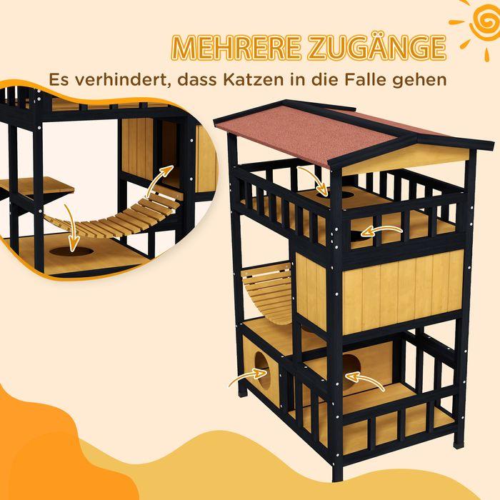Produktbild Swisshandel24 Katzenhaus aus Holz Katzenhöhle mit Plattformen, Hängebrück für bis zu 2 Katzen (Katze)