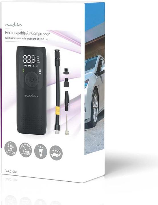 Produktbild Nedis Wiederaufladbarer Luftkompressor - 0.1-150 psi - Dunlop-Ventil - Betriebsarten: Auto/Motorrad/
