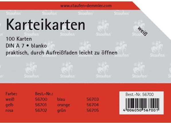 Staufen Fiches A7 vierges 180g/qm blanc UE=100 pièces (A7, 180 g/m²)