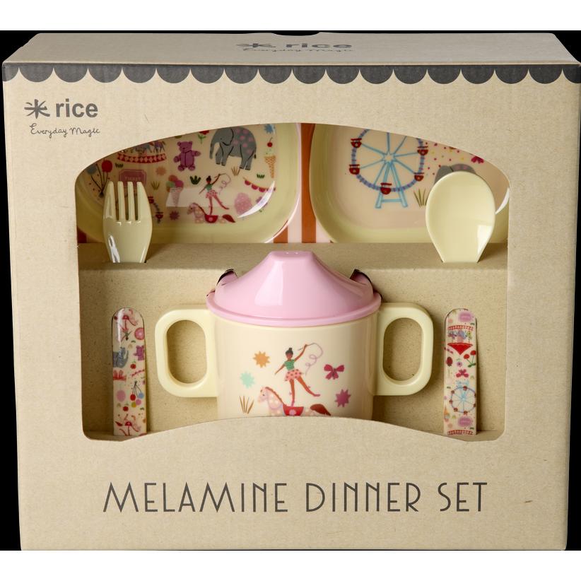 Rice, Kindergeschirr + Kinderbesteck, - Melamine Baby Dinner Set - Fun Fair Print - Pink