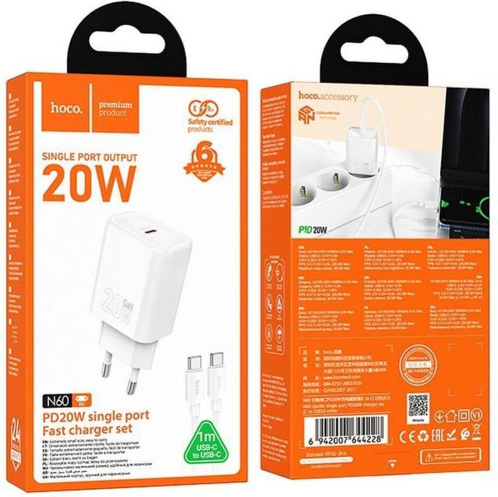 Produktbild Hoco Adapter wall charger Type C + cable Type C to Type C PD QC 20W N60 white (20 W, 1 Port)