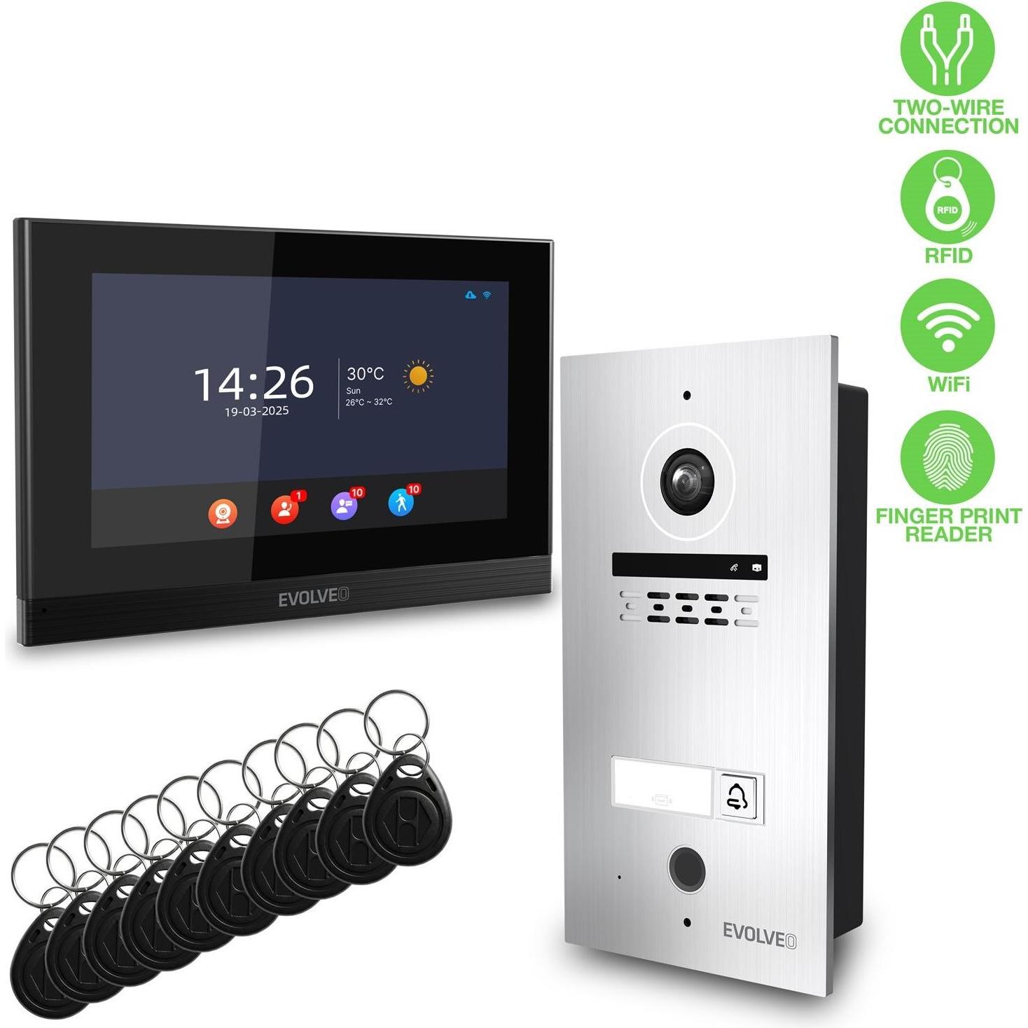 Evolveo, Campanello + Citofono, DoorPhone ID-1, 2drátový videotelefon s RFID, otiskem prstu a podporou ONVIF kamer (Ethernet, Funk, RFID)