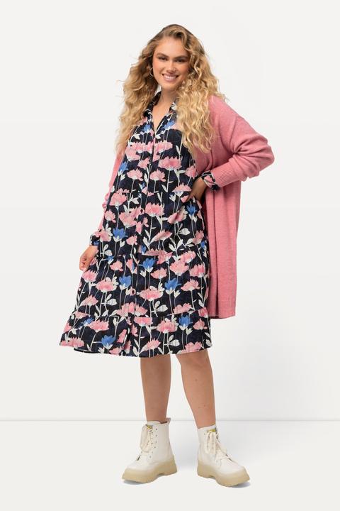 Immagine prodotto Ulla Popken Abito midi con fiori a effetto acquarello, collo da camicia e maniche lunghe (46, 48)