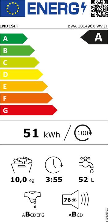 Label énergétique Indesit Lave-linge en pose libre BWA 101496X WV IT - BWA 101496X WV IT (10 kg, Gauche)