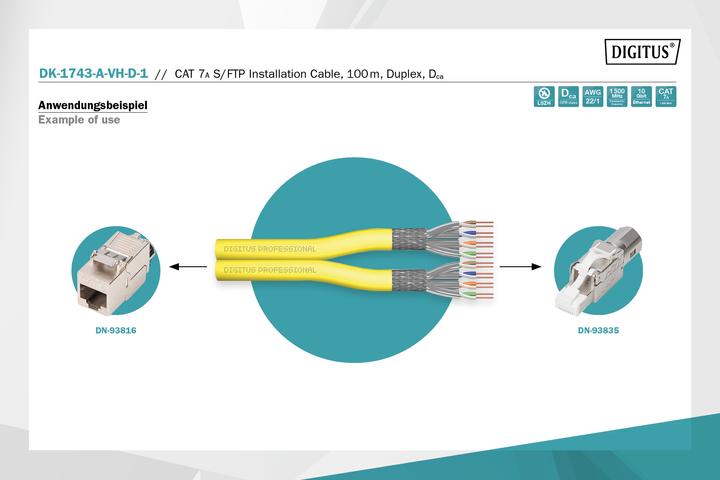 Produktbild Digitus CAT 7A S-FTP Installationskabel, 1500 MHz Dca (EN 50575), AWG 22/1, 100 m Ring, DX, gelb (S/FTP, CAT7a, 100 m)