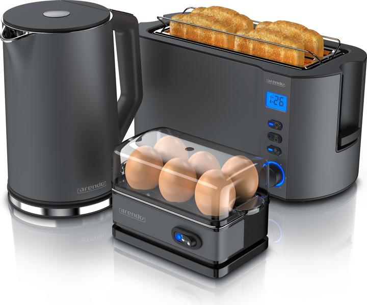 Arendo Breakfast set, kettle 1.5l temperature selection, 4-slice toaster & egg cooker for 6 eggs, grey