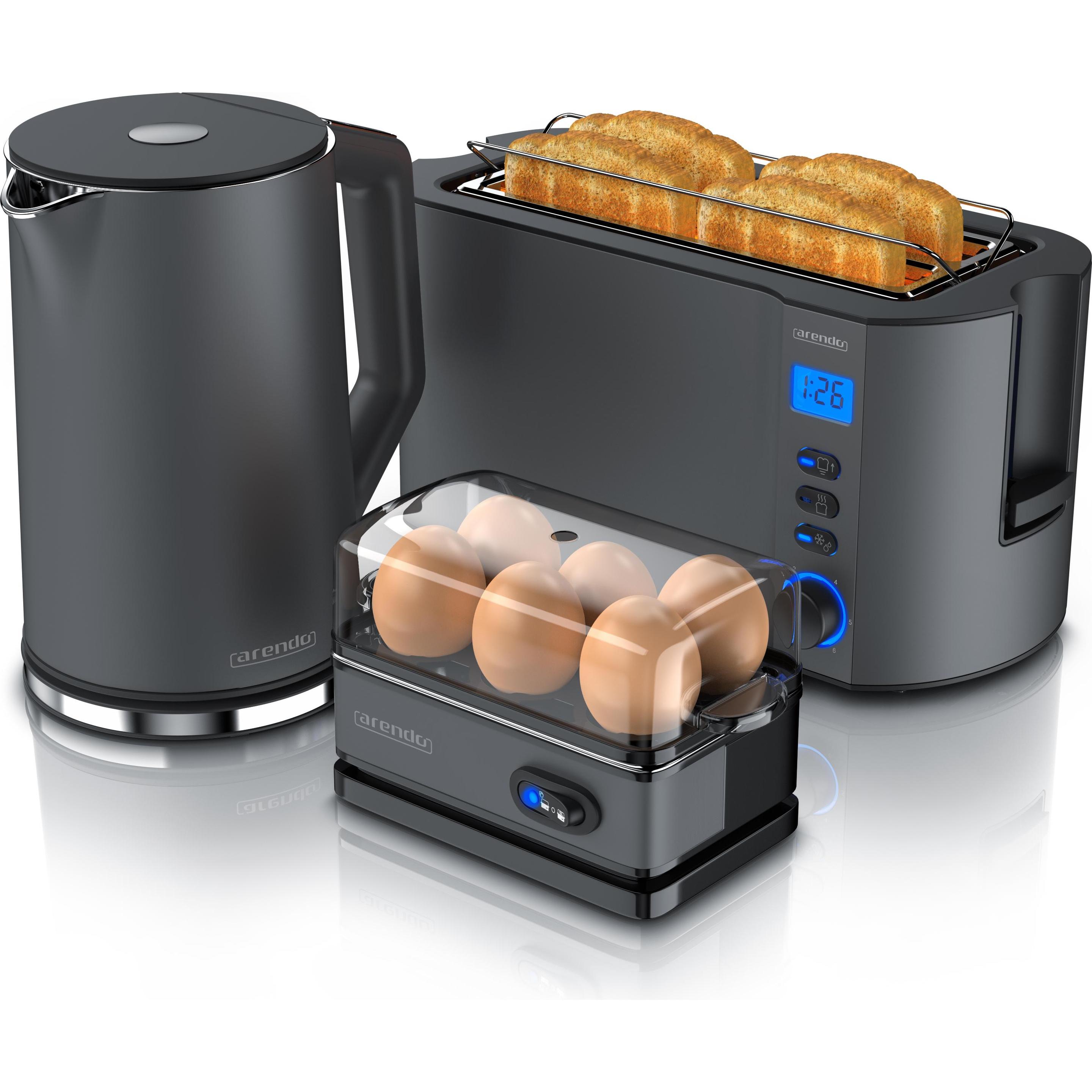 Arendo Frühstücks Set, Wasserkocher 1,5l Temperaturwahl, 4-Scheiben Toaster & Eierkocher für 6 Eier, Grau, Toaster, Grau
