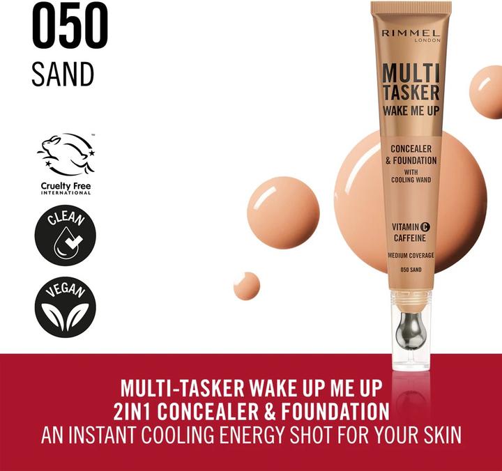 Produktbild Rimmel London Multi-Tasker Wake Me Up Foundation & Concealer 050 Sand Aufhellung dunkler Augenringe Metallic Cool (050 Sand)