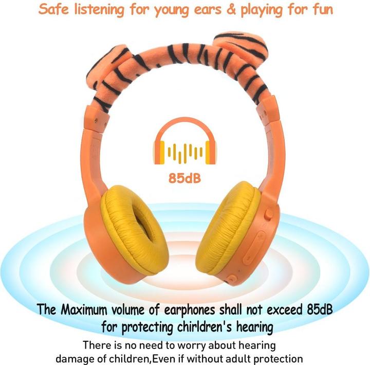 Actual product image PhoneLook Casque cool sans fil Bluetooth 5.3 pour enfants avec volume atténué 85dB et design amusant Tigre