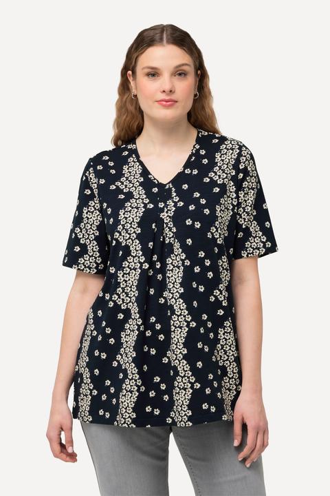 Immagine prodotto Ulla Popken T-shirt a fiori con pieghe decorative, scollatura a V e mezze maniche (42, 44)