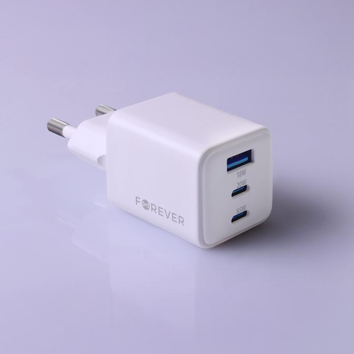 Actual product image Forever TC-08-65ACC GaN PD QC charger 2x USB-C 1x USB 65W white (65 W, 3 ports)
