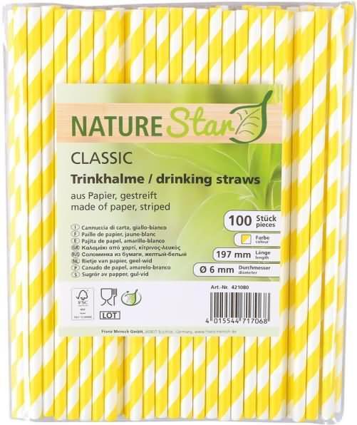 Actual product image Naturestar Paper drinking straws Bio Classic 6x197mm striped yellow/white PU=100 pieces (100 x)