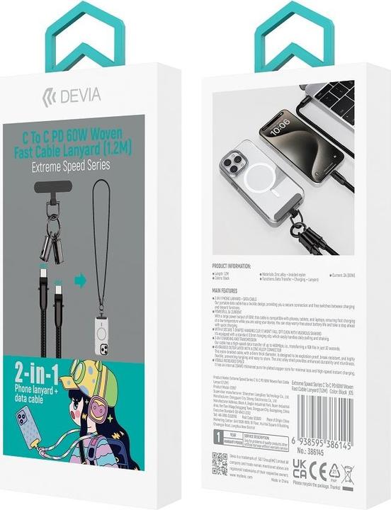 Produktbild Devia Kabelbinder 2in1 PD USB-C - USB-C 1,2 m 60W schwarz (1.20 m, 60 W)