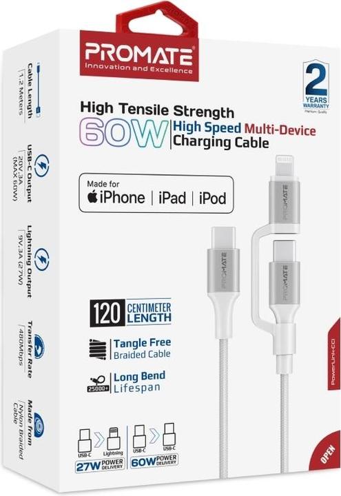 Produktbild ProMate PowerLink-CCi White Multikabel (1.20 m, USB 2.0, 60 W)