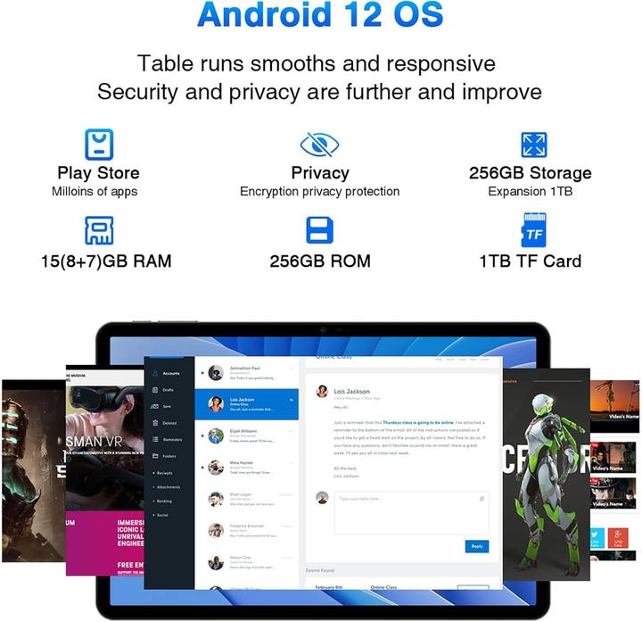 Image du produit Doogee Tablette avec stylet, écran 2K HD, 15 Go RAM, 256 Go stockage, batterie longue durée (10.40", 256 Go)