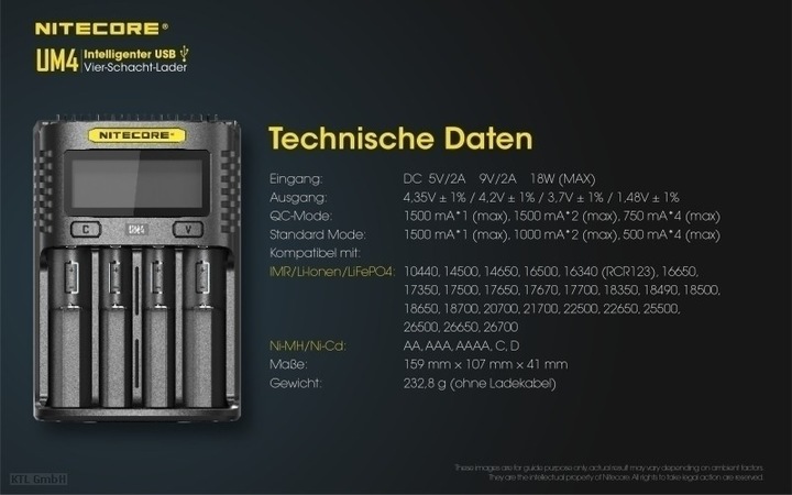 Produktbild Nitecore UM4 USB-Ladegerät (1 Stk., 14500, 16340, 18650, Ladegerät inkl. Akku)